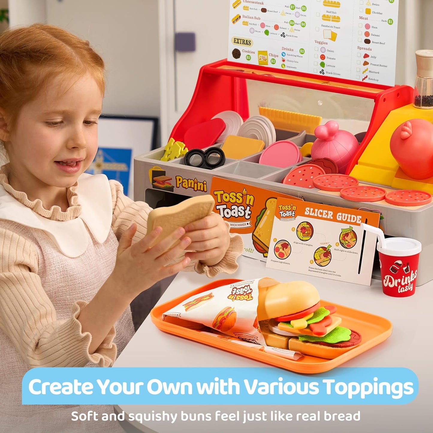 Pretend Play Food Toy for Kids Toddlers, Play Kitchen Accessories Include Sandwich Maker Toy with Slicer for Ham, Menu and Ingredients, Play Restaurant Food Toy for Girls Birthday Gift