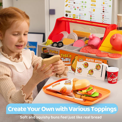 Pretend Play Food Toy for Kids Toddlers, Play Kitchen Accessories Include Sandwich Maker Toy with Slicer for Ham, Menu and Ingredients, Play Restaurant Food Toy for Girls Birthday Gift
