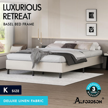 ALFORDSON Bed Frame Base King Size with Linen Upholstery, Bed Platform Foundation Without Headboard for Mattress Topper, Basel Fabric Beige
