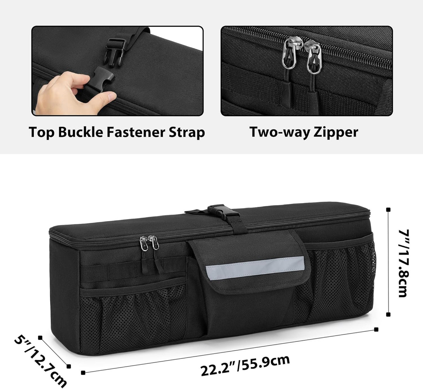 GRAOSO Car Trunk Organizer Compatible with Toyota FJ Cruiser 2007-2021, Rear Storage Bag with 3 Pieces of 1.5â€ Wide Hook&Loop Tapes, 2 Adjustable Hanging Loops, Multiple Pockets, Black