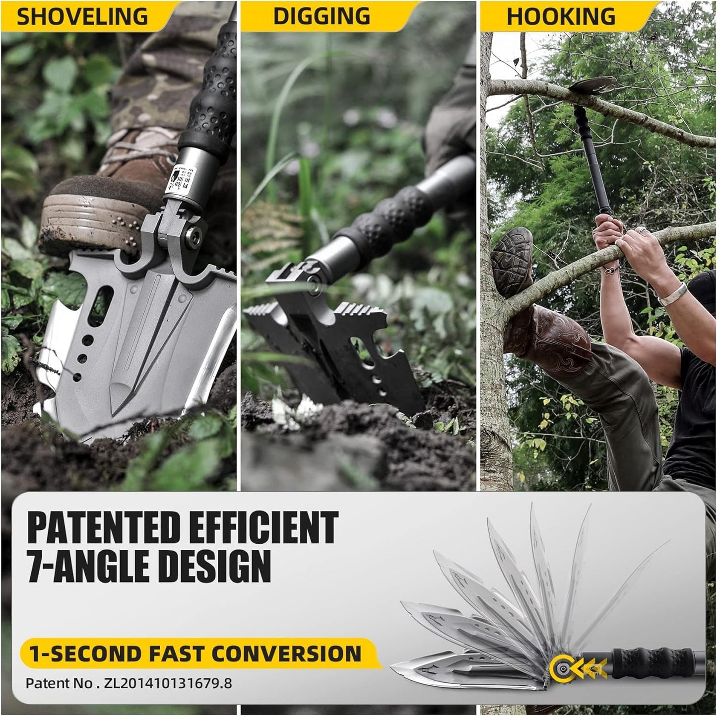 Zune Lotoo Survival Shovel Multitool 28 in 1 Luxury Kit, Tactical Camping Folding Shovel, Unbreakable Martensitic Steel Adjustable 7 Angles 24-35.4'' Length, Compact Gear for Outdoor Hiking Emergency