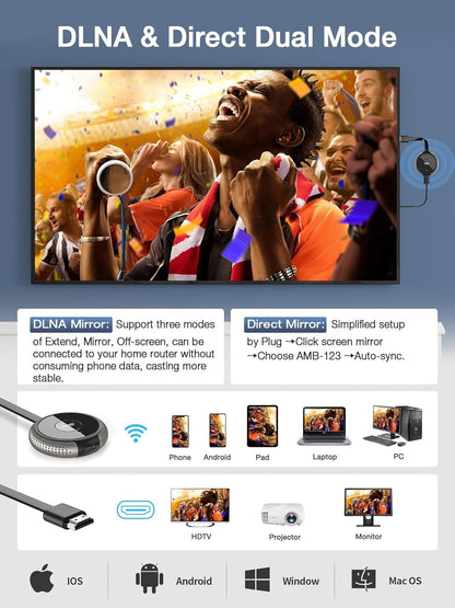 AIMIBO 4K Wireless Display Adapter 5G - Truly Plug & Play HDMI Wireless Dongle, Streaming Video from Android iOS Windows MacOS Tablet Laptop to TV Monitor Projector, Support Airplay DLNA Miracast