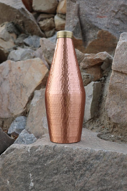 DeKulture Hand Hammered Vintage Pure Copper Water Bottle With Brass Knob Ideal Drinkware With Ayurveda and Yoga Benefits 3.5 x 9 (DH) Inches 800 ml