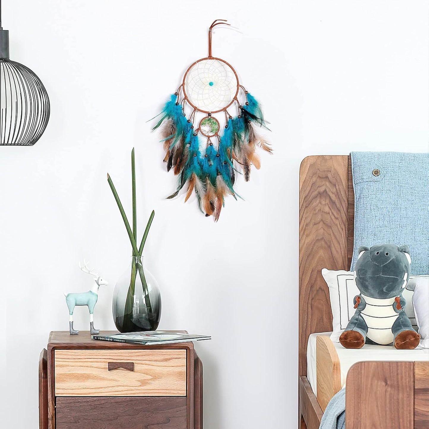VIBILIA Dream Catchers Tree of Life Blue Feathers, Handmade Native American Dreamcatcher with Crystals for Kids Bedroom Wall Hanging Home Decor Holiday Ornaments Birthday Party Blessing Gift