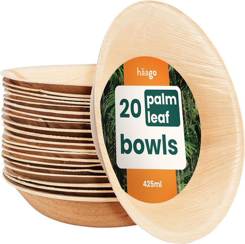 Haago 20 Pack Palm Leaf Bowls 6"/14cm (Round) Natural Disposable Bowls for Party, Wedding, Picnic - Better Than Paper Bowls Disposable Bamboo Bowls Disposable Plastic Bowls. Compostable Bowls