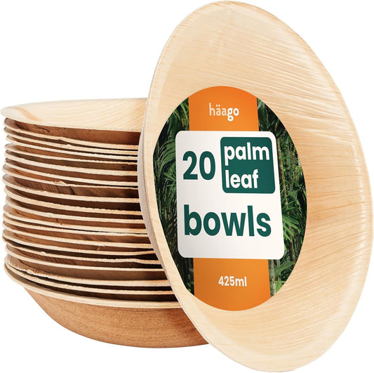 Haago 20 Pack Palm Leaf Bowls 6"/14cm (Round) Natural Disposable Bowls for Party, Wedding, Picnic - Better Than Paper Bowls Disposable Bamboo Bowls Disposable Plastic Bowls. Compostable Bowls
