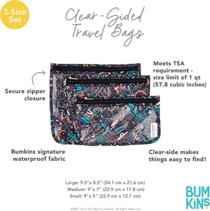 Bumkins Travel Bag, Toiletry, TSA Approved Pouch, Zip Bag, Quart Size Airline Compliant, Clear-Sided, Baby, Diaper Bag Organization, Accessories, Packing, Set of 3 Sizes, Born This Way Kindness