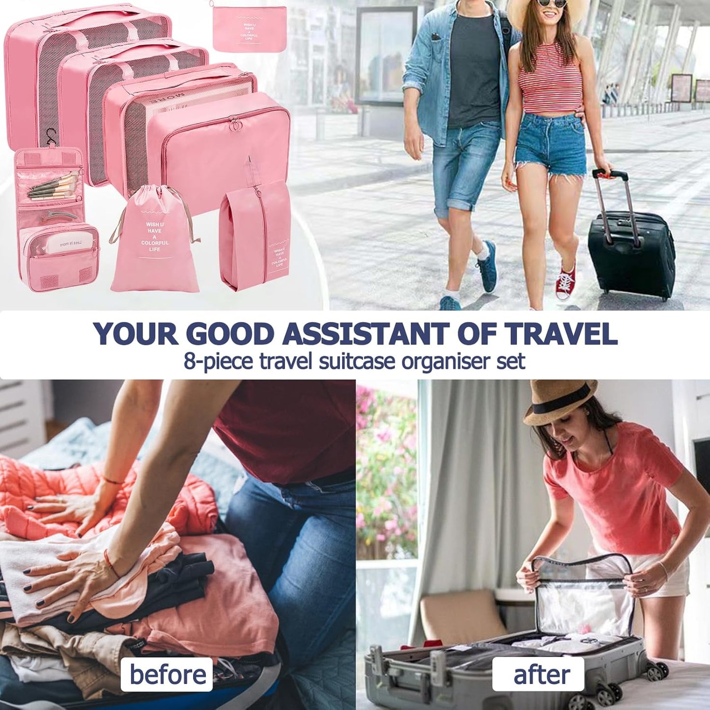 Suitcase Organizer, 11 Pieces Waterproof Packing Cube Set, Separators Bags Travel Travel Organizer with 3 Liquid Travel Containers, for Clothing Underwear Footwear Sacks - Pink