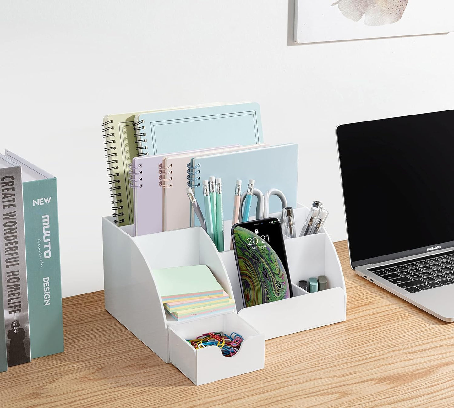 Office Desk Organizer, White Acrylic with Drawer, 9 Compartments - All in One Office Supplies and Cool Desk Accessories Pen Holder, Enhance Your Office Decor Desktop (White).