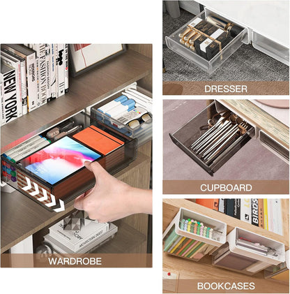 2 Pack Under Desk Storage Drawers, Self-Adhesive Under Desk Drawer Organizers,Stick On Desk Drawer 14â€œ Large and 8â€Small ,Desk Organization Under Shelf Drawer Desk Accessories & Workspace Organizers