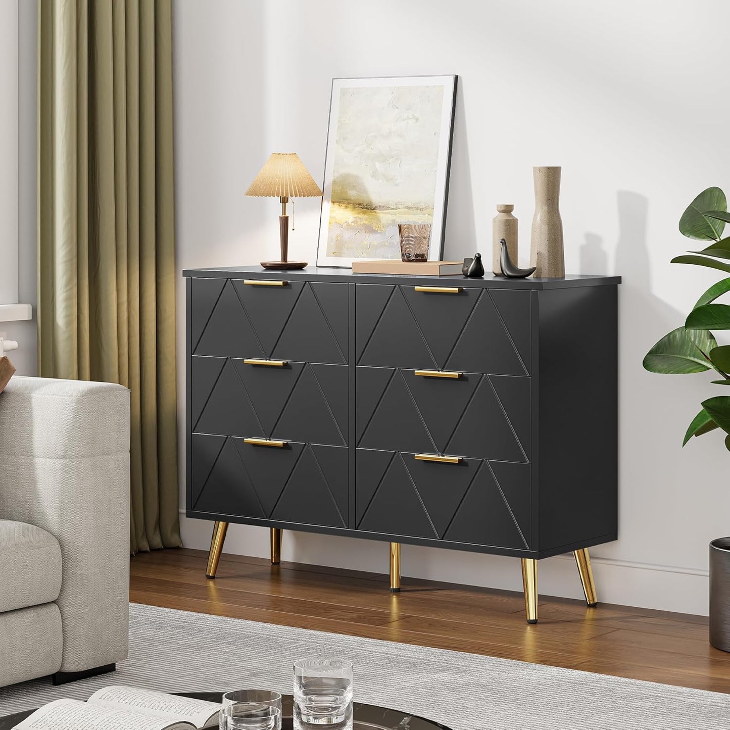 YITAHOME Bedroom Chest of Drawers 6 Contemporary Drawers Bedroom Furniture Large Wooden Chest of Drawers Sliding Drawer Office Living Room Furniture Black