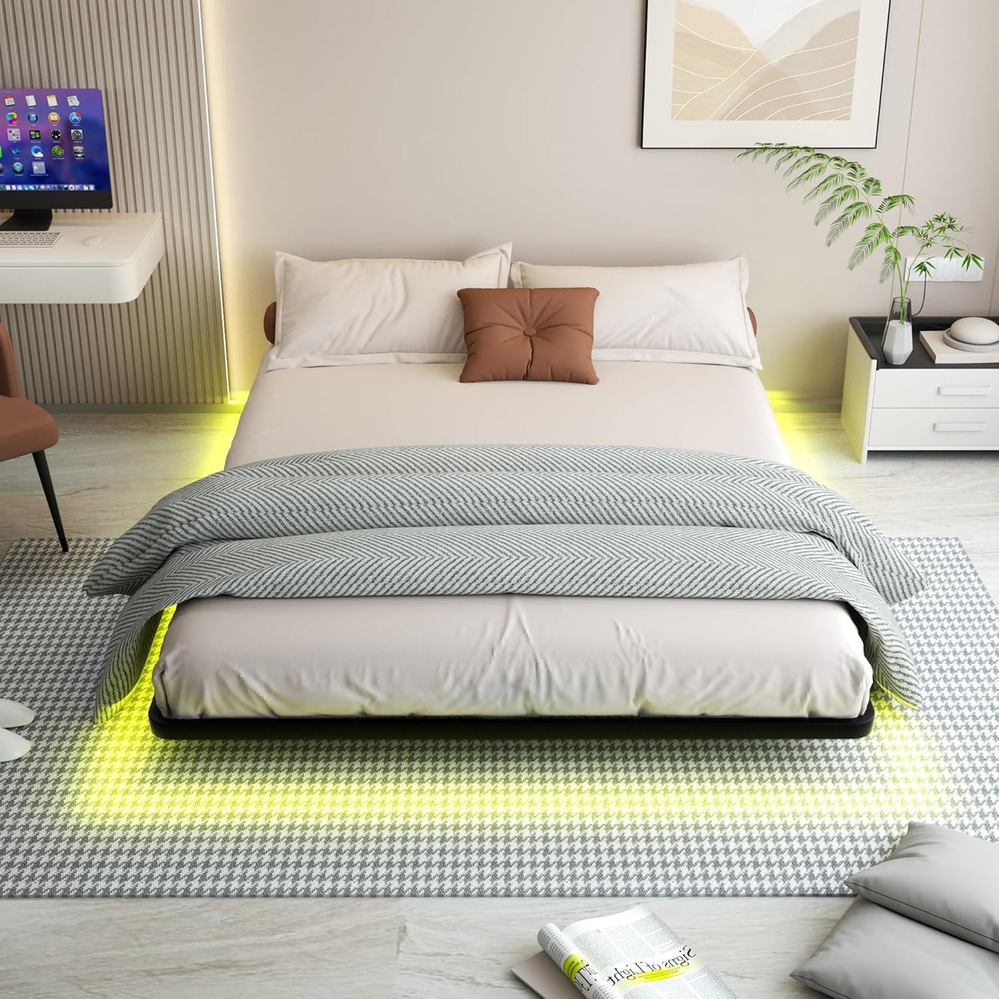 Floating Bed Frame Queen Size with Smart LED Lights Metal Platform Bed Easy Assembly No Box Spring Needed (Queen)