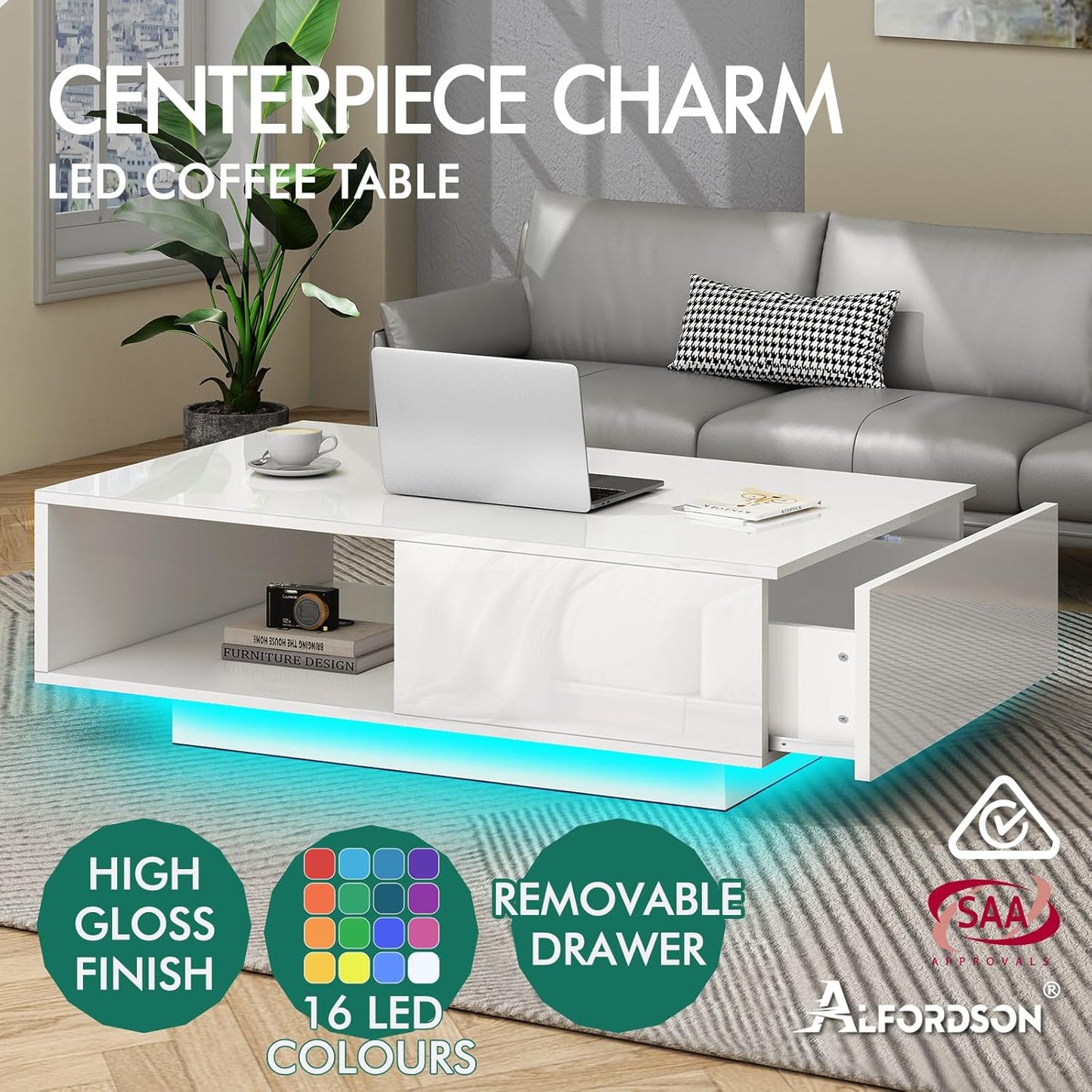 ALFORDSON LED Coffee Table with Sliding Drawer and Open Shelf, Spacious Tabletop Dining Table for Living Room Office Reception, Center Table with RGB Light, White