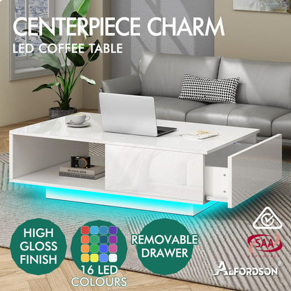 ALFORDSON LED Coffee Table with Sliding Drawer and Open Shelf, Spacious Tabletop Dining Table for Living Room Office Reception, Center Table with RGB Light, White