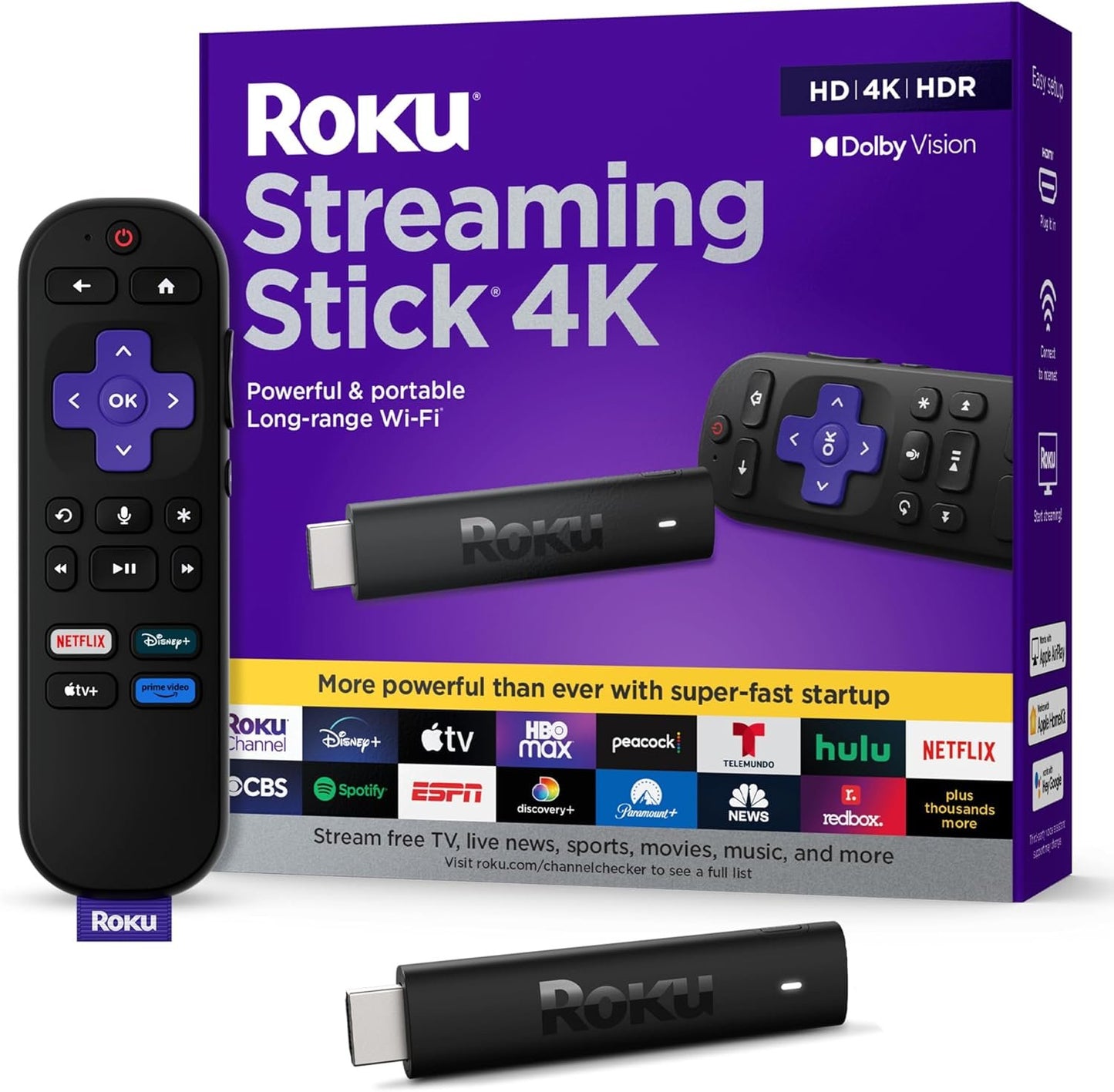 Roku Streaming Stick 4K 2021 | Streaming Device 4K/HDR/Dolby Vision with Roku Voice Remote and TV Controls (3820R)