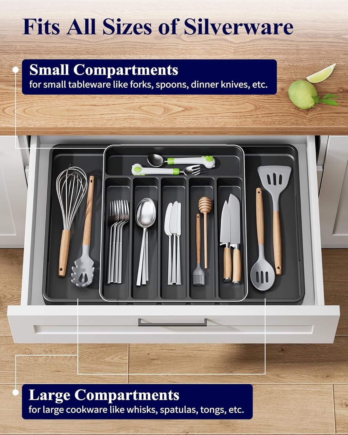 Kitsure Large Cutlery Organizer - Adjustable Silverware Utensil Drawer Organizer for Easy Access, Versatile Kitchen Organizer and Storage Solution 34.8 × 3.9 × 27.8~50.0 cm, Black