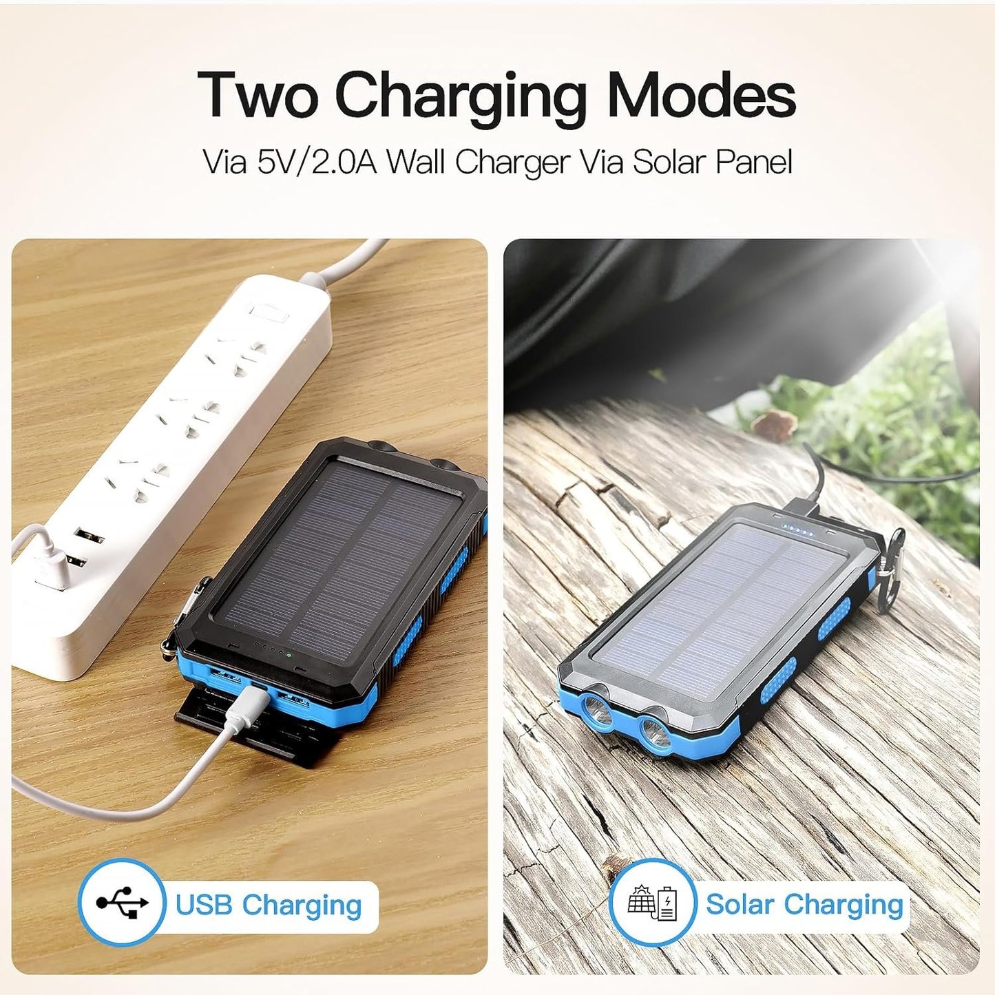 Solar Charger, 20000mAh Portable Outdoor Waterproof Solar Power Bank, Camping External Backup Battery Pack Dual 5V USB Ports Output, 2 Led Light Flashlight with Compass (Blue)