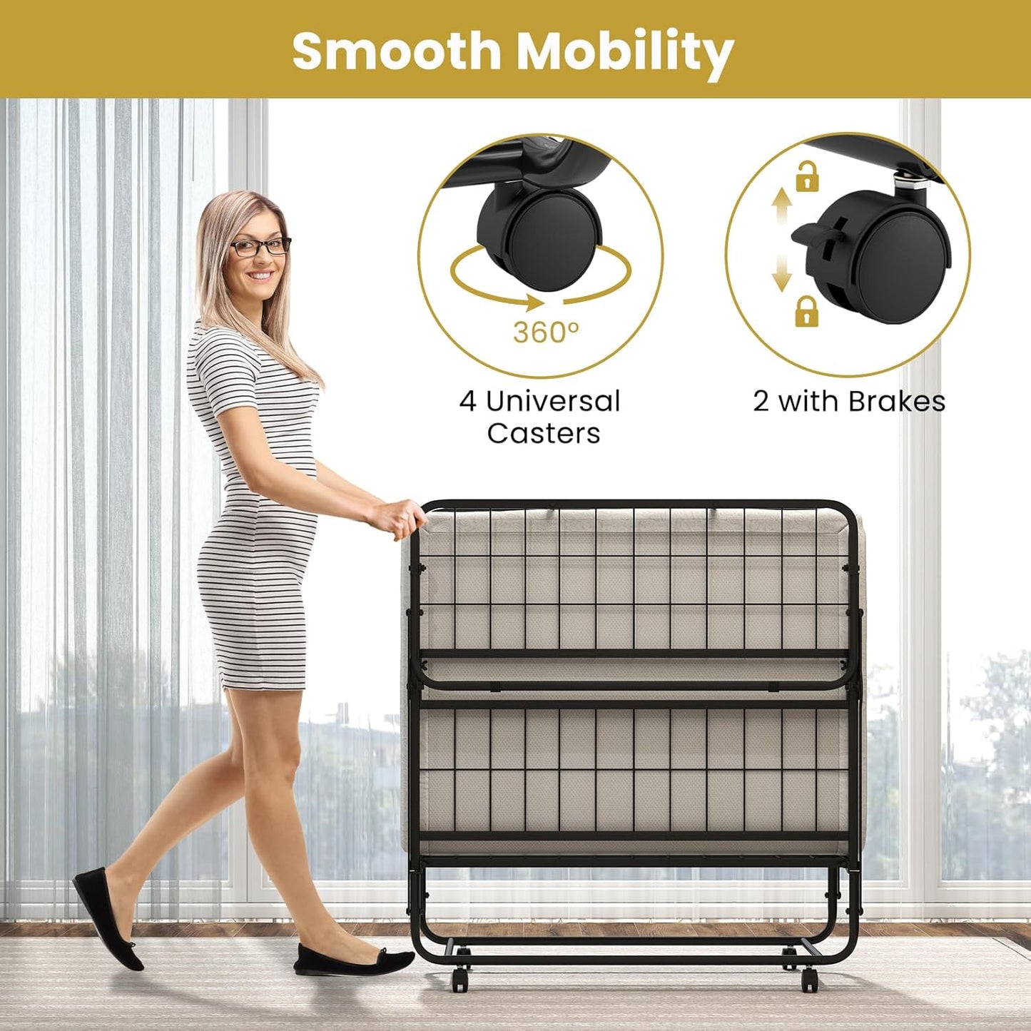 Giantex Twin Size Folding Bed, Rollaway Guest Bed with Memory Foam Mattress & Heavy-Duty Metal Frame, Portable Sleeper Bed with Lockable Wheels for Guest Room, Apartment