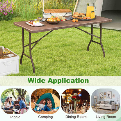 Costway 1.5m Folding Picnic Table, Outdoor Dining Table w/Rattan Grain HDPE Tabletop, Sturdy Metal Fame, Non-Slip Foot Pads, 4-6 Person Camping Table for Patio Garden Deck Yard