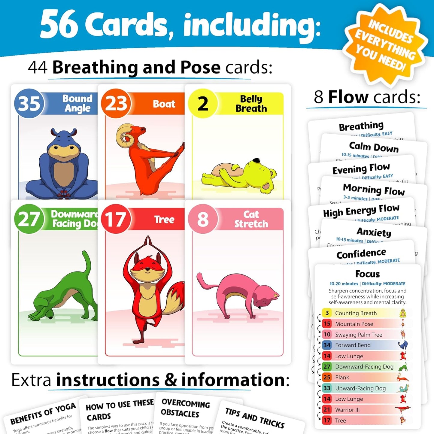Yoga Pose and Breathing Exercise Cards for Kids - Promote Mindfulness, Meditation, and Self Care for Children - Fun Preschool Game with Easy to Read Steps - Teach Kids Mindfulness Tools Through Yoga