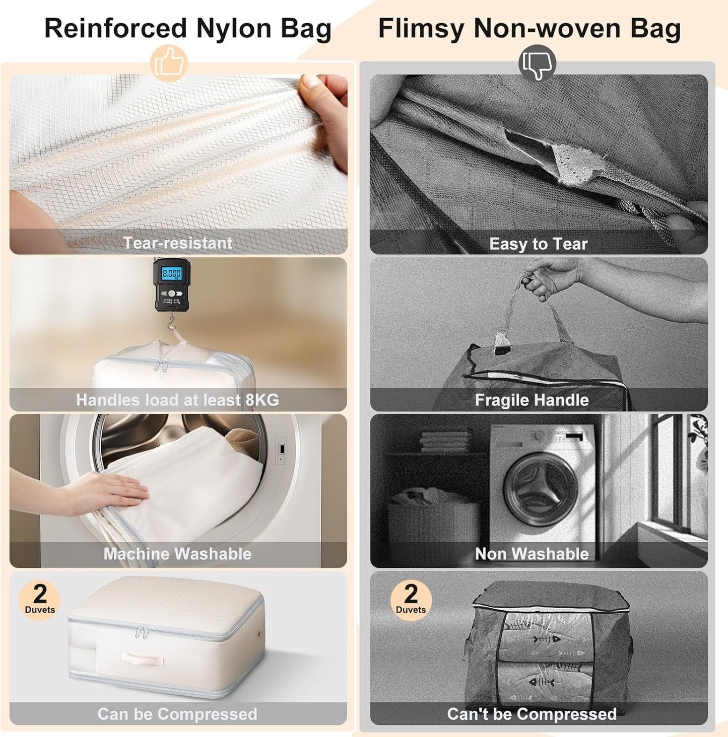 DIMJ Compression Storage Bags for Blankets - 2 Pack 110L to 66L Washable Vacuum Clothes Organizer with Clear Window Ultra Space Saver for Comforters, Closet, Bedding, Moving Containers - Beige