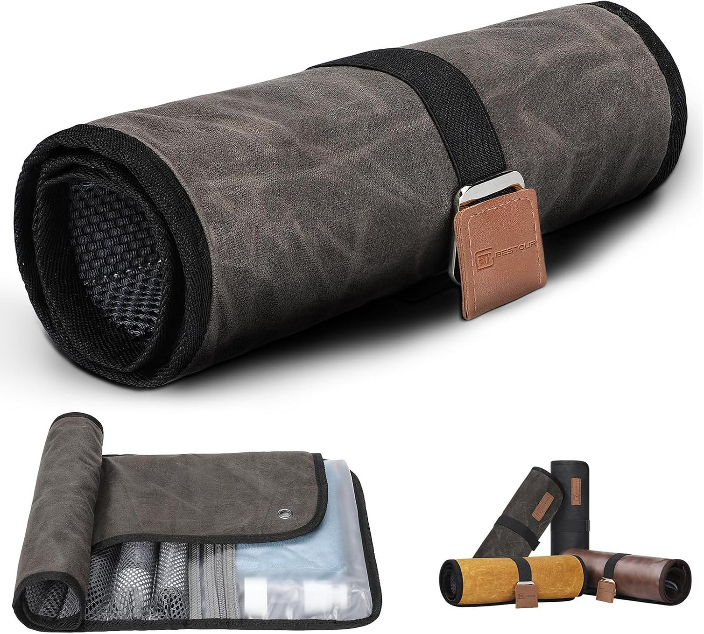 Travel Essentials, Toiletry Bag for Men, Compact Bathroom Roll Organizer for Hygiene, Toiletry kit, Travel Gifts for Gym Camping Hiking Travel Sports, Dark Grey(Waxed Canvas), Small, Minimalist