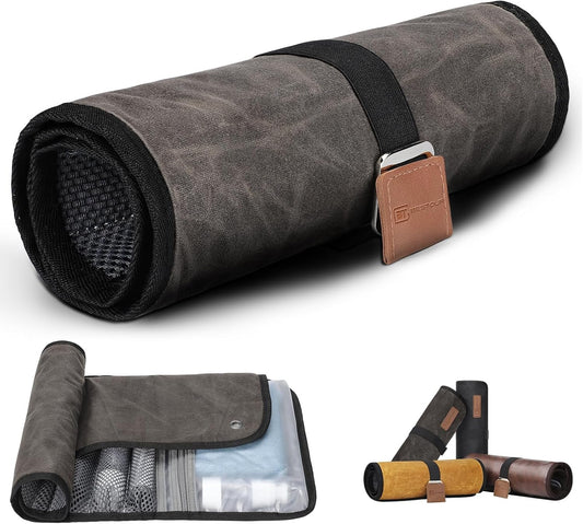Travel Essentials, Toiletry Bag for Men, Compact Bathroom Roll Organizer for Hygiene, Toiletry kit, Travel Gifts for Gym Camping Hiking Travel Sports, Dark Grey(Waxed Canvas), Small, Minimalist