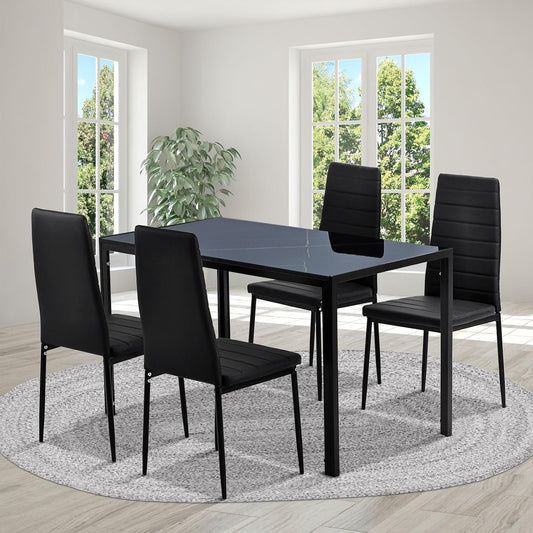 Luxsuite Dining Table Marble Tabletop Rectangular 120cm Modern Sintered Stone Glossy Marble Effect Top Dinner Tables 4 Seater with Tapered Metal Legs Dining Room Home Lounge Kitchen Black