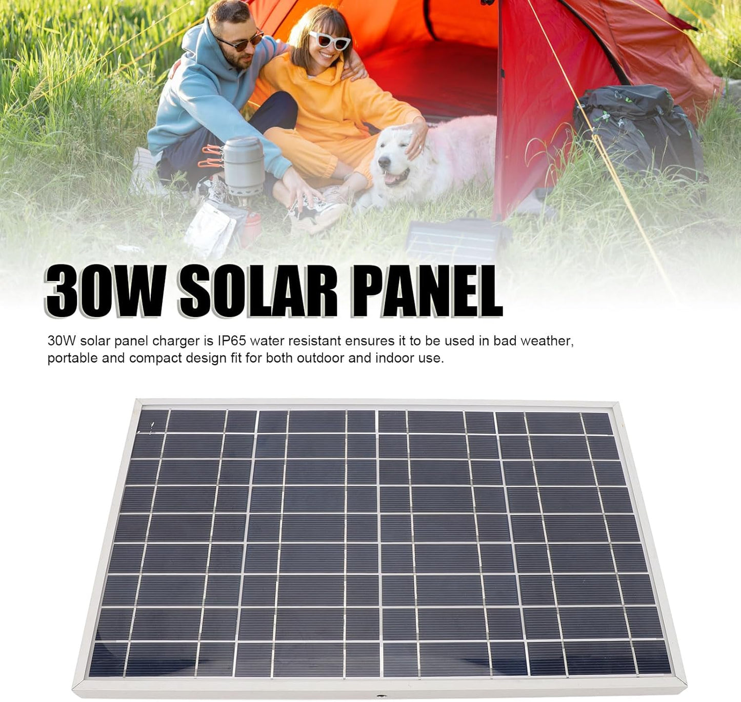 Portable Solar Panel, 30W 12V Solar Panel Charger, IP65 Waterproof Solar Panel Built in Alligator Clips, Solar Battery Charger for Outdoor Camping Travel Car Truck Boat RV