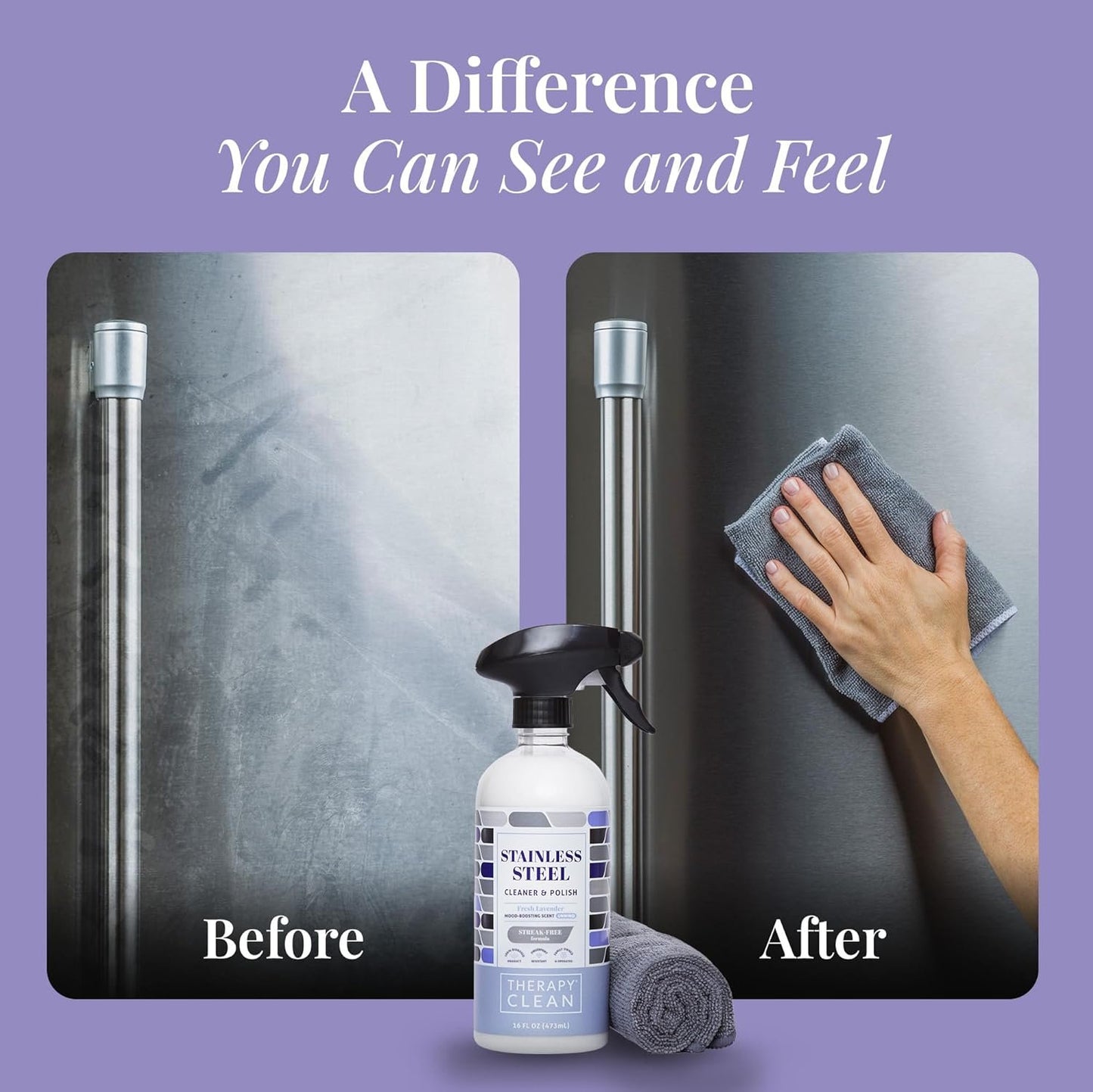 Therapy Stainless Steel Cleaner and Polish 100% USDA BioBased, Fingerprint and Residue Remover, Lavender Essential Oil Scent, Sink Cleaner, Grill Cleaner Spray