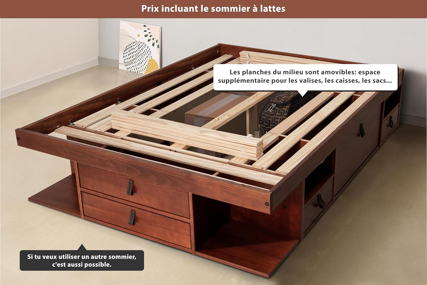 Bali Double Drawer Bed (160 x 200 cm) Caramel – Plenty of Storage Space and Drawers, Ideal for Small Rooms – Bed with Solid Wood Storage Box – Price Includes Slatted Base