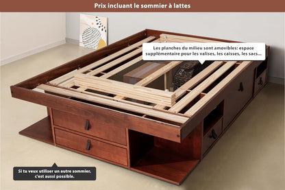 Bali Double Drawer Bed (160 x 200 cm) Caramel – Plenty of Storage Space and Drawers, Ideal for Small Rooms – Bed with Solid Wood Storage Box – Price Includes Slatted Base