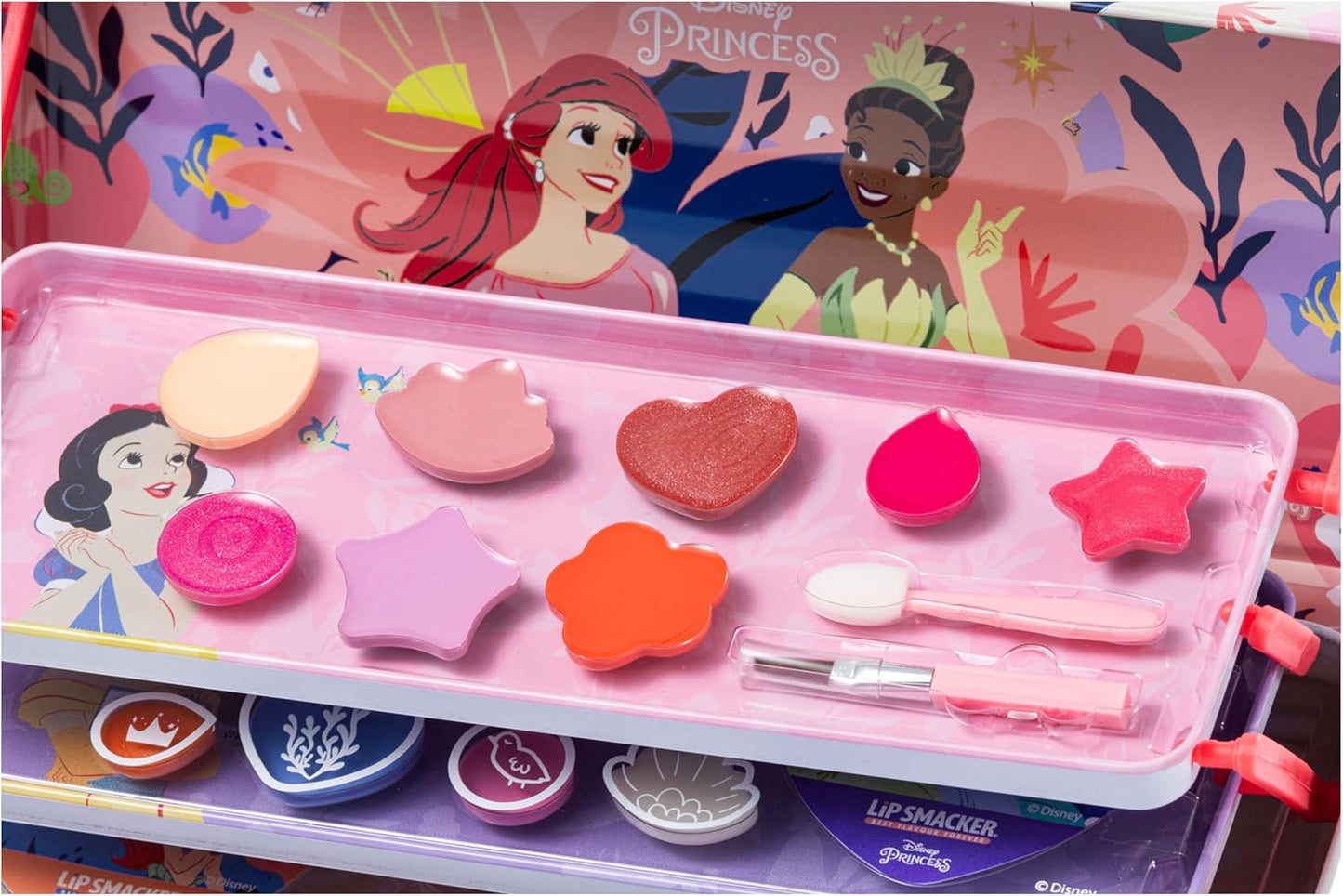 Lip Smacker Disney Princess Artisan Picnic Beauty Tin, 3-Tier Makeup Set for Kids with Lip Gloss, Glow Eyeshadows, Make-up Applicators and Hair Accessories