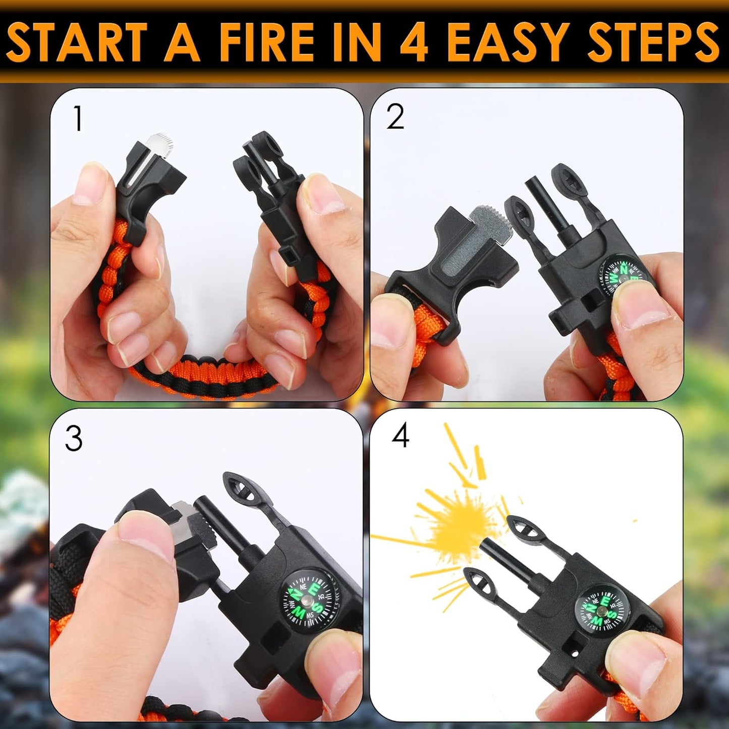 ruifengsheng Paracord Bracelet (3 Pack) Kit Outdoor Survival Bracelet Camping Hiking Gear，Multitools, Fire Starter, Compass, and Whistle
