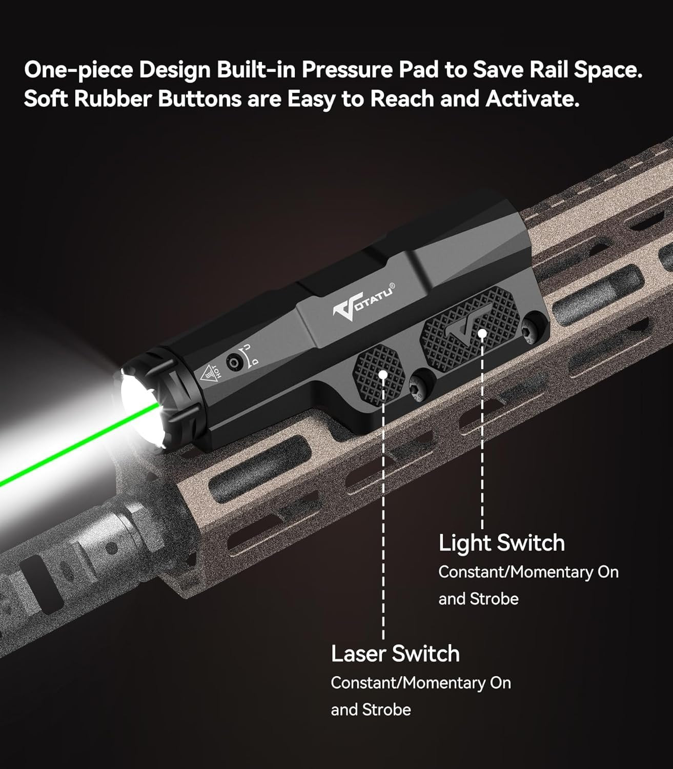 VOTATU M8L-G 3000 Lumens Light Laser Combo for M-LOK/Picatinny, Strobe Function Flashlight and Green Laser Beam with Easy Touch Pad Switch, USB Magnetic Rechargeable Light for Rifle and Carbine