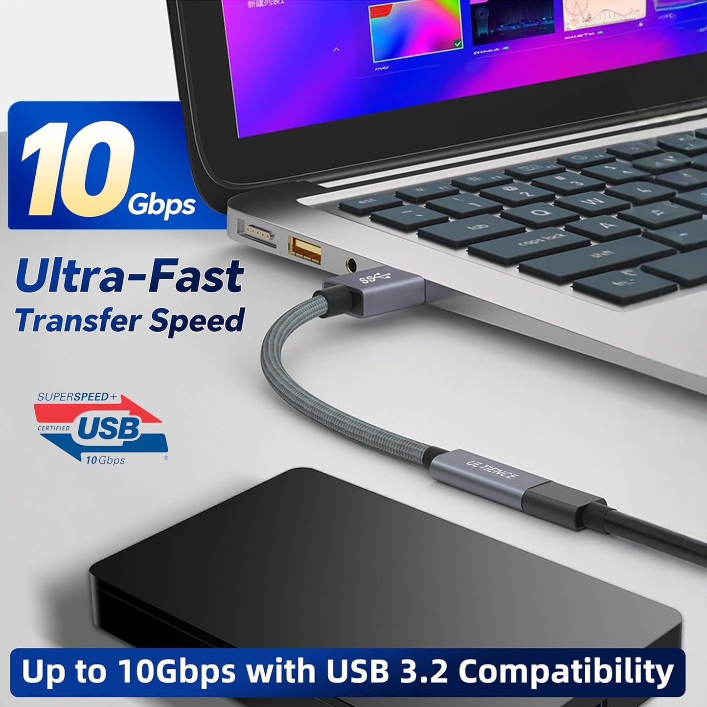 ULTIENCE USB-A to USB-C Cable Adapter [10Gbps] – High-Speed USB 3.2 Converter with 10Gbps Data Transfer & 60W Fast Charging, Compatible with Laptops, PCs, Flash Drives (0.5 m, Grey)