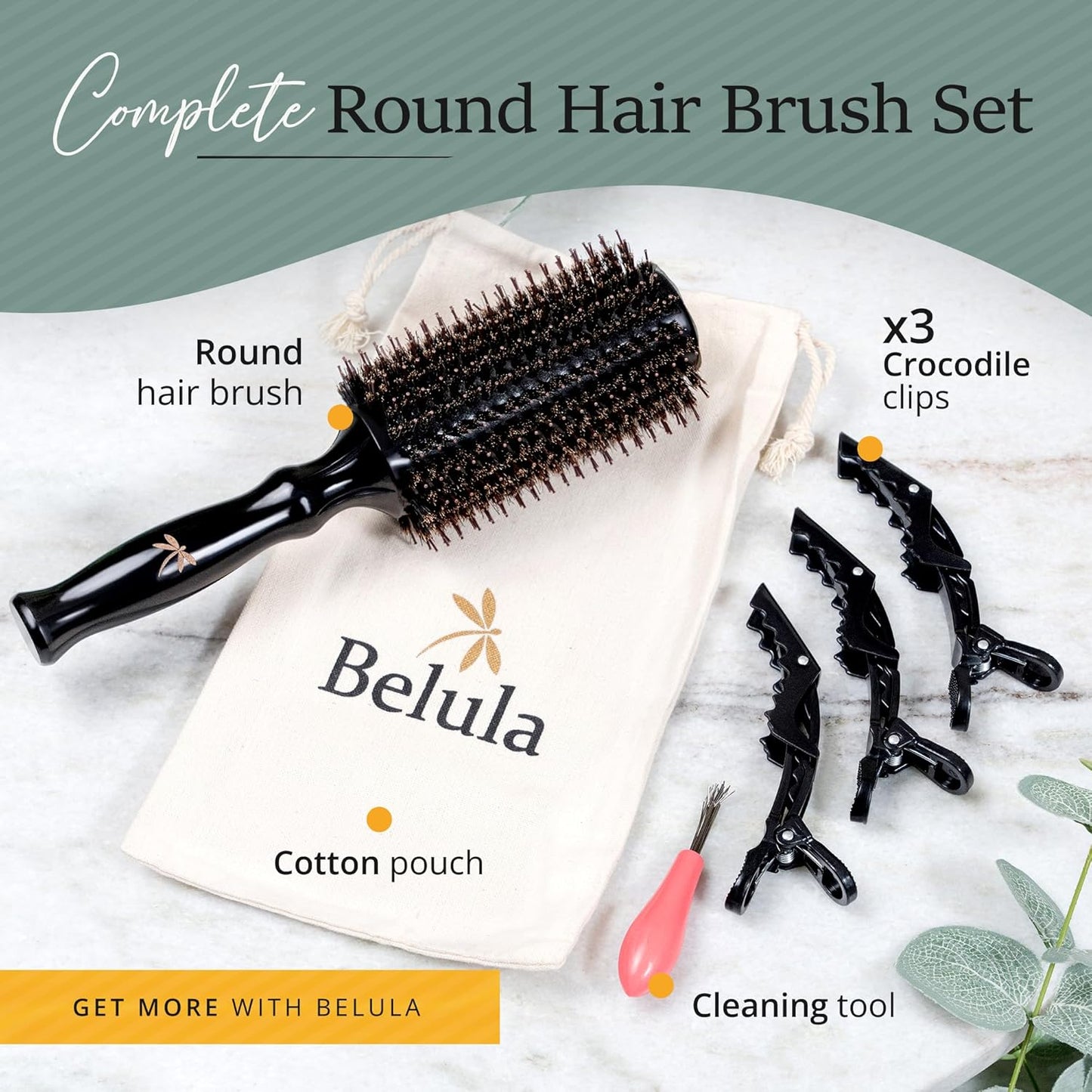 Belula Boar Bristle Round Brush for Blow Drying Set. Round Hair Brush With Large 2.7” Wooden Barrel. Hairbrush Ideal to Add Volume and Body. Free 3 x Hair Clips & Travel Bag.