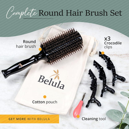 Belula Boar Bristle Round Brush for Blow Drying Set. Round Hair Brush With Large 2.7” Wooden Barrel. Hairbrush Ideal to Add Volume and Body. Free 3 x Hair Clips & Travel Bag.