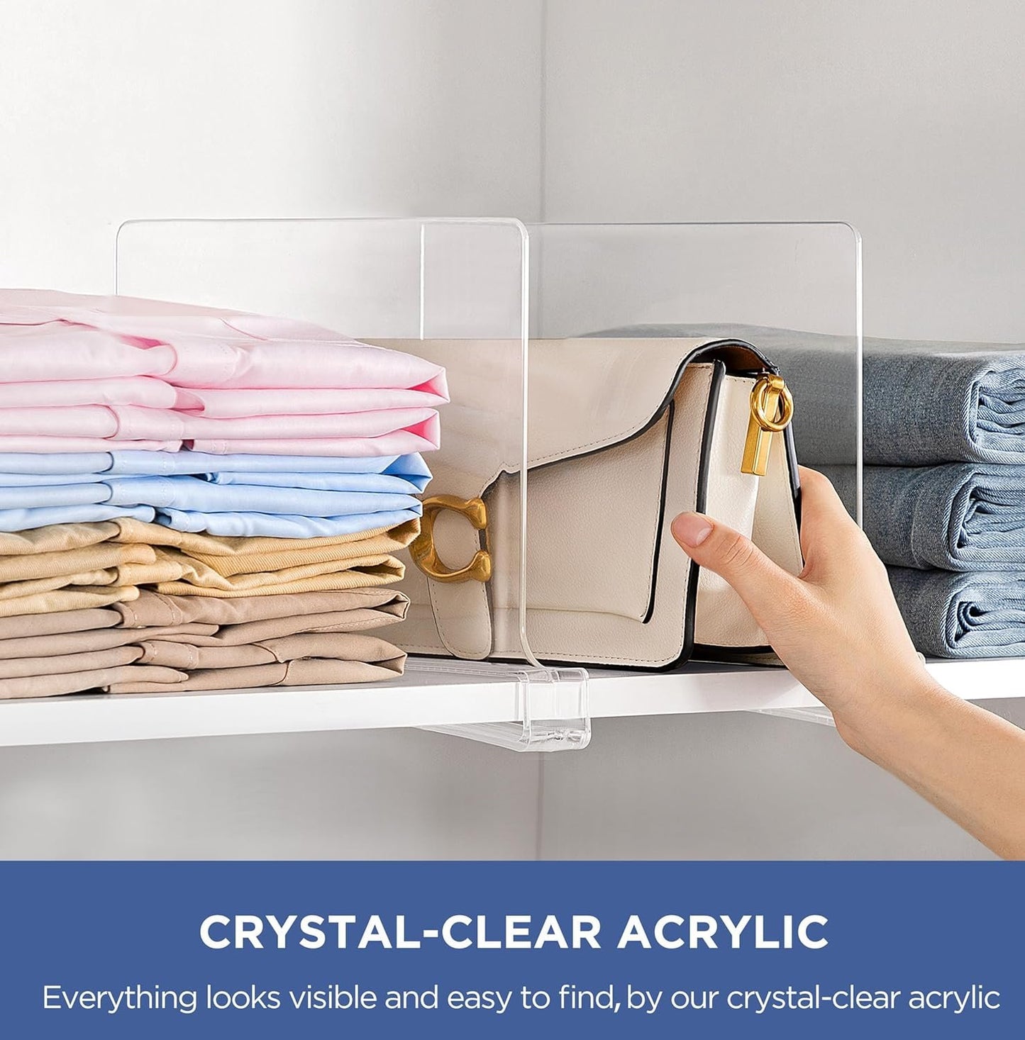 HBlife 8 Pack Clear Shelf Dividers, Vertical Purse Organizer for Closet Perfect for Sweater, Shirts, Handbags in Bedroom and Kitchen, Adjustable Acrylic Bookshelf for Organization