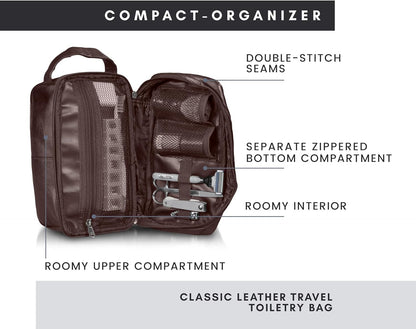 Mens Toiletry Bag Shaving Dopp Case For Travel by Bayfield Bags (Brown) Men's Shower Bag For Bathroom Hygiene (11x6x5). Holds Beard Trim Kit Accessories and Body Shavers.