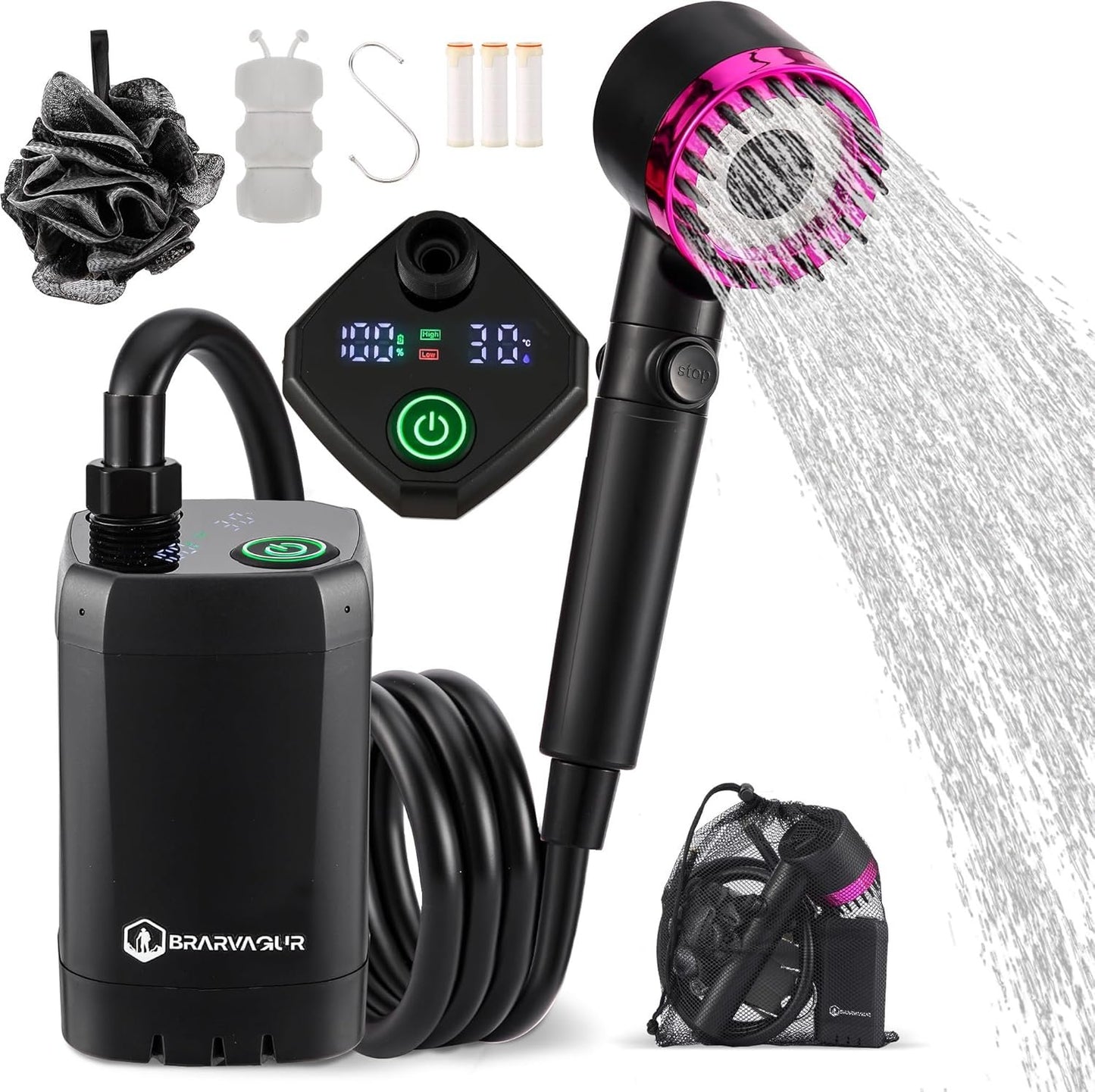 Brarvagur Upgrade Portable Camping Shower, 6000mAh Rechargeable Electric Shower Pump with Intelligent Digital Display Multiple Spray Modes Filtered Shower Head with Handheld for Hiking, Travel Black