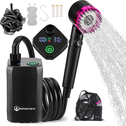 Brarvagur Upgrade Portable Camping Shower, 6000mAh Rechargeable Electric Shower Pump with Intelligent Digital Display Multiple Spray Modes Filtered Shower Head with Handheld for Hiking, Travel Black