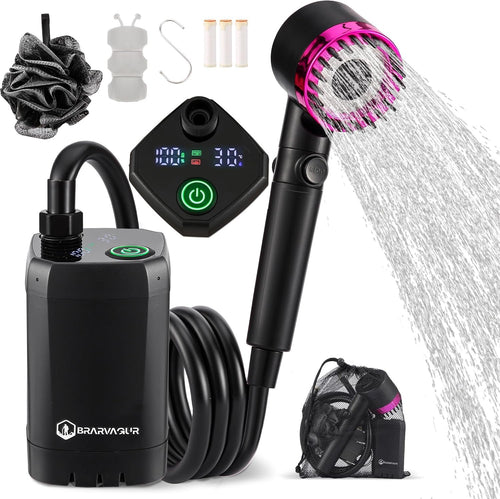 Brarvagur Upgrade Portable Camping Shower, 6000mAh Rechargeable Electric Shower Pump with Intelligent Digital Display Multiple Spray Modes Filtered Shower Head with Handheld for Hiking, Travel Black