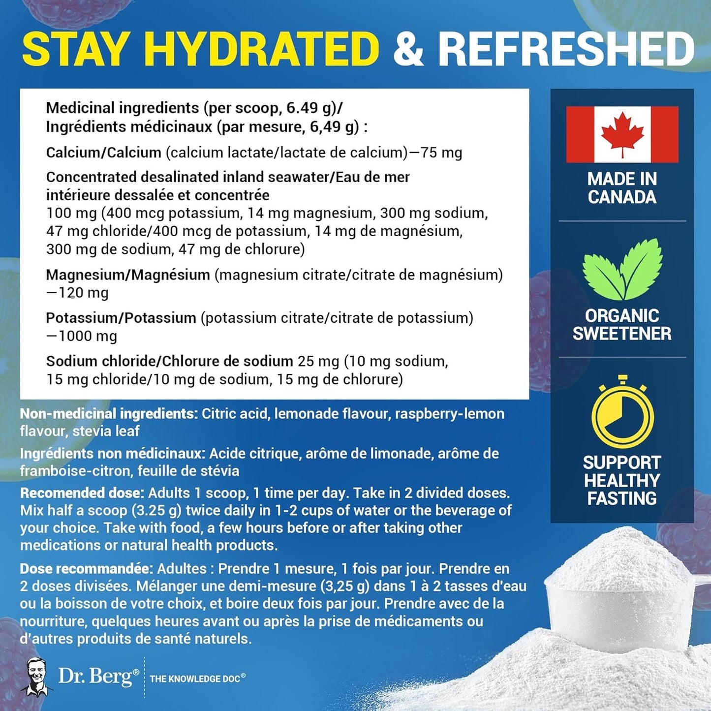 Dr. Berg Electrolytes Powder No Sugar - Enhanced w/ 1000 mg of Potassium & Real Sea Salt - Zero Sugar Electrolyte Powder - Raspberry & Lemon Flavor Hydration Powder Electrolytes - 50 Servings