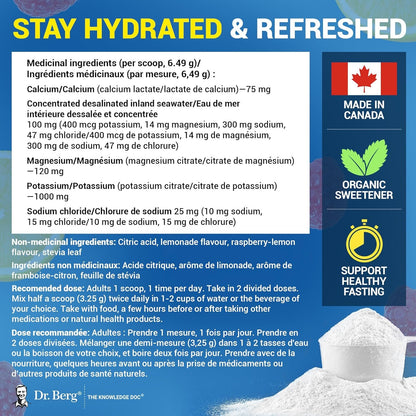 Dr. Berg Electrolytes Powder No Sugar - Enhanced w/ 1000 mg of Potassium & Real Sea Salt - Zero Sugar Electrolyte Powder - Raspberry & Lemon Flavor Hydration Powder Electrolytes - 50 Servings