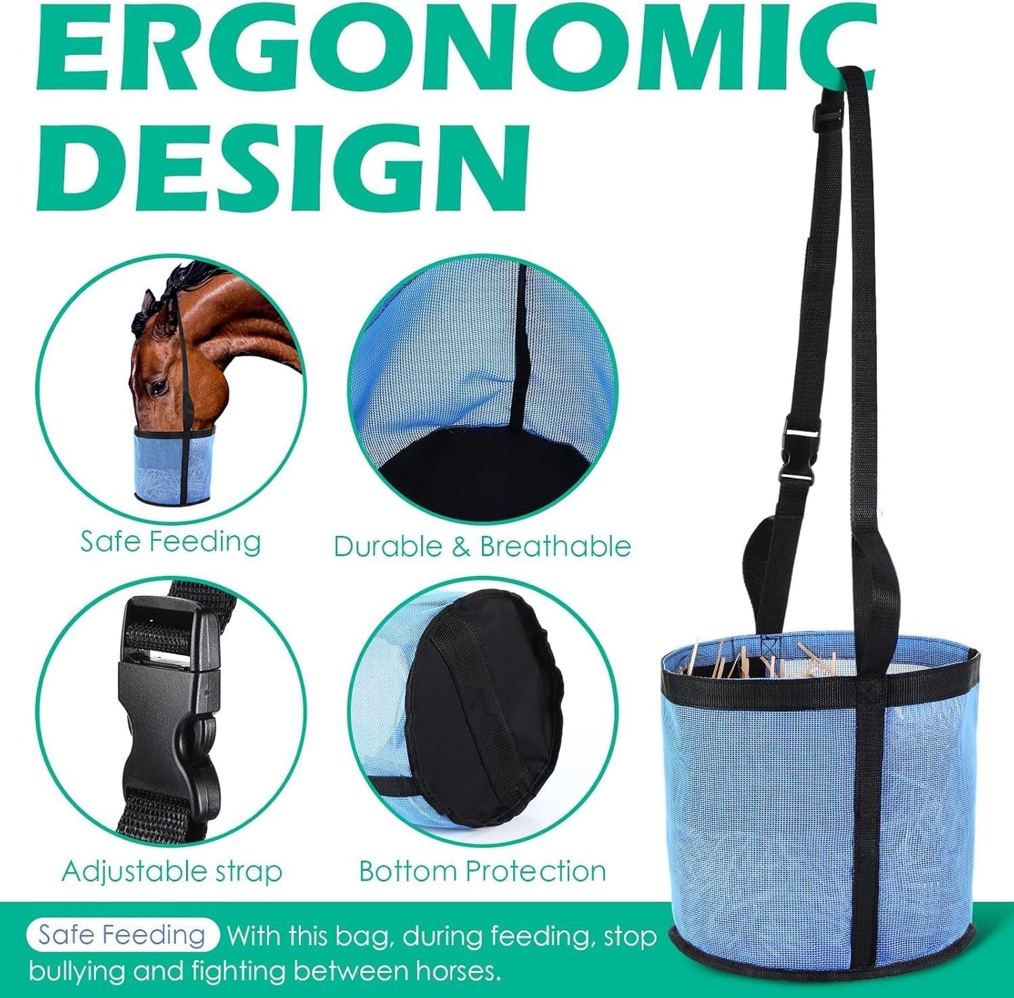 Comfort Breathable Horse Feed Bag, Mesh Feed Bucket, Mesh Designed Feeding Bag with Adjustable Strap and Waterproof Bottom, Horse Feeder Bag Storage, for Horse Feeding Supplies Muzzle Feed (2 Black)