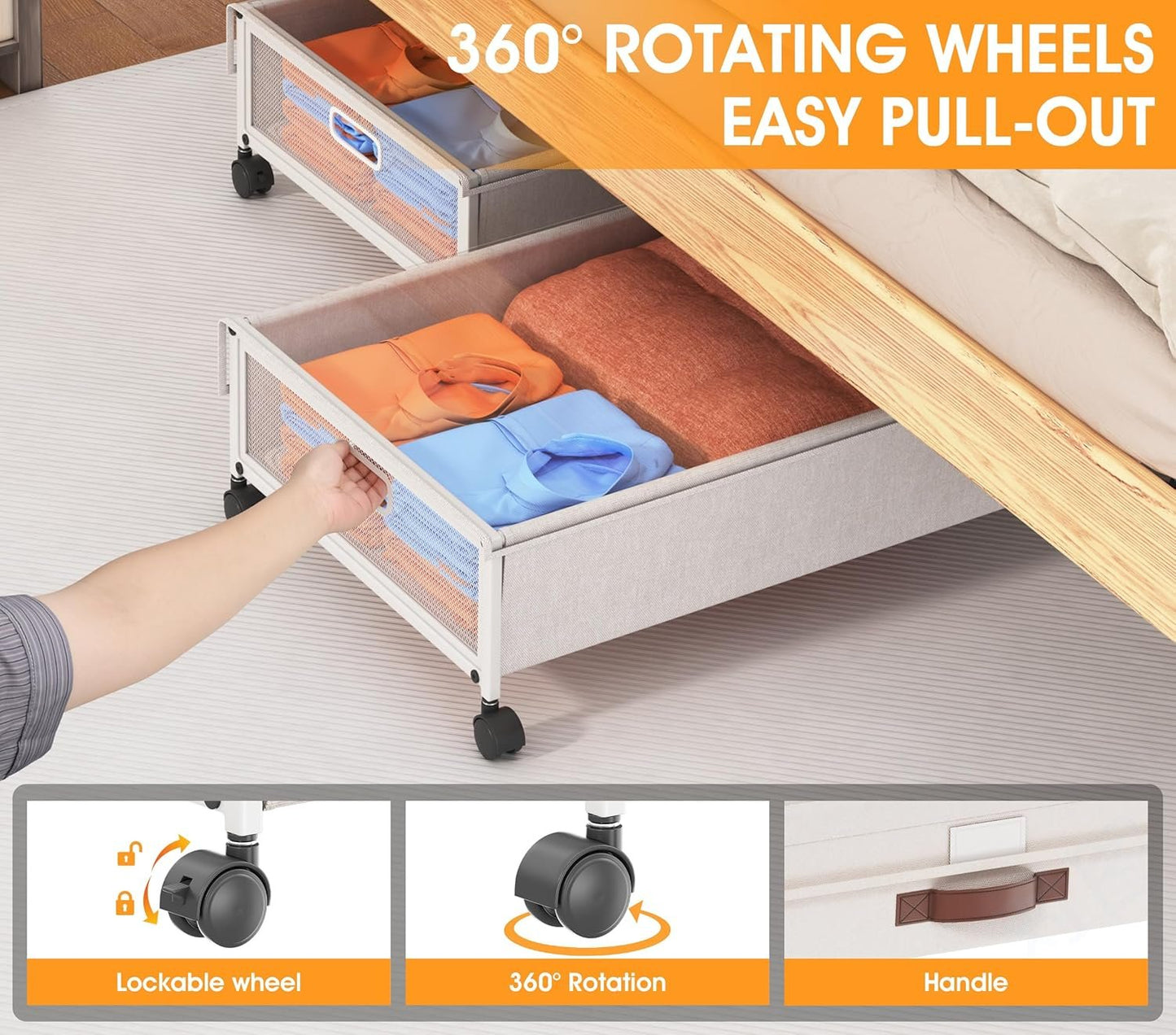 2 Pack Under Bed Storage with Wheels, DEWVIE Metal Under Bed Storage Containers with PVC Clear Lids, Rolling Under Bed Shoe Storage Organizer Under Bed Drawers for Clothes, Books, Toys (White)