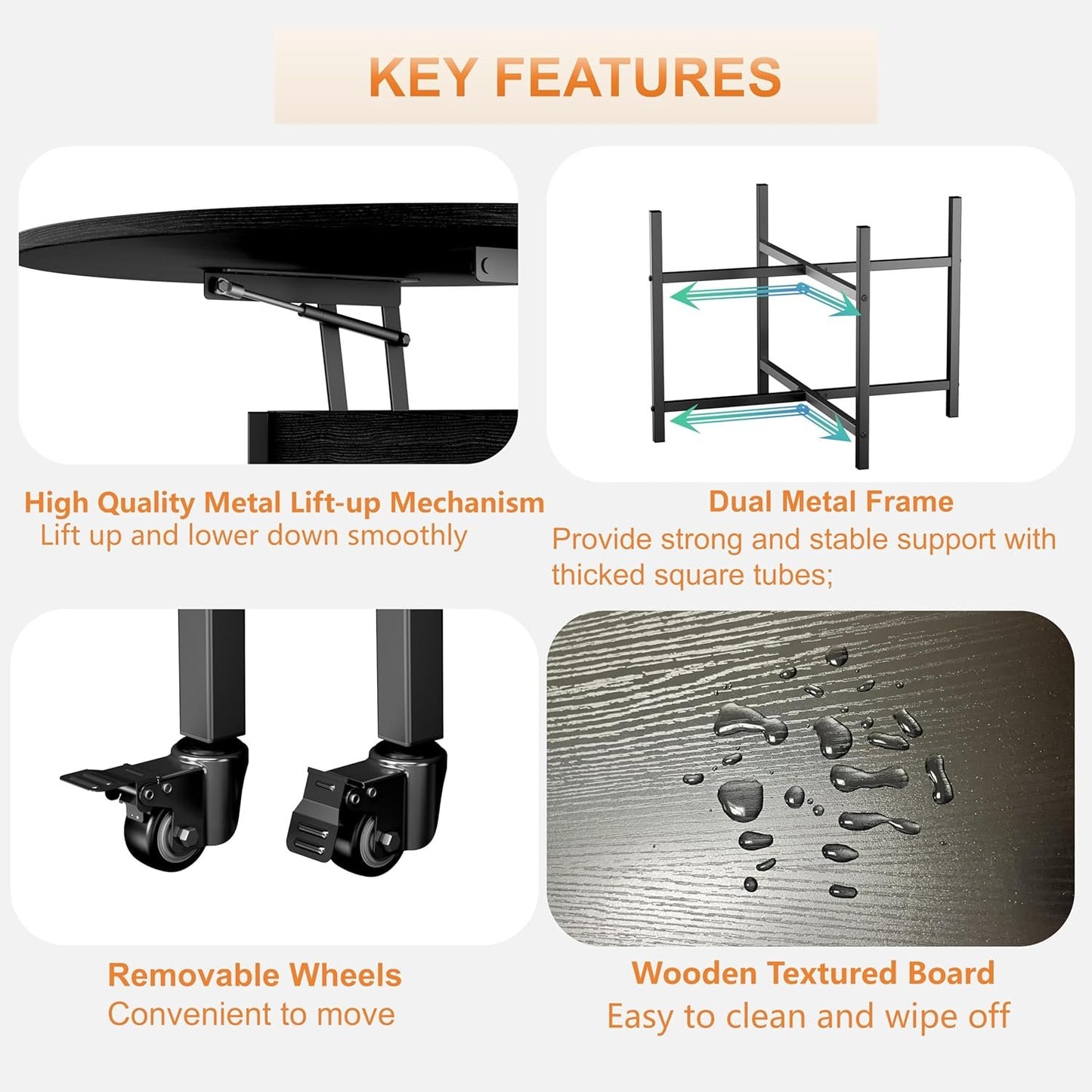 Ablefurn Mid Century Black Coffee Table, 26.77” Lift Top Coffee Table with Removeable Wheels, Hidden Compartment and Open Shelf, Wood Lift Tabletop Central Dining Table for Living Room, Home Office