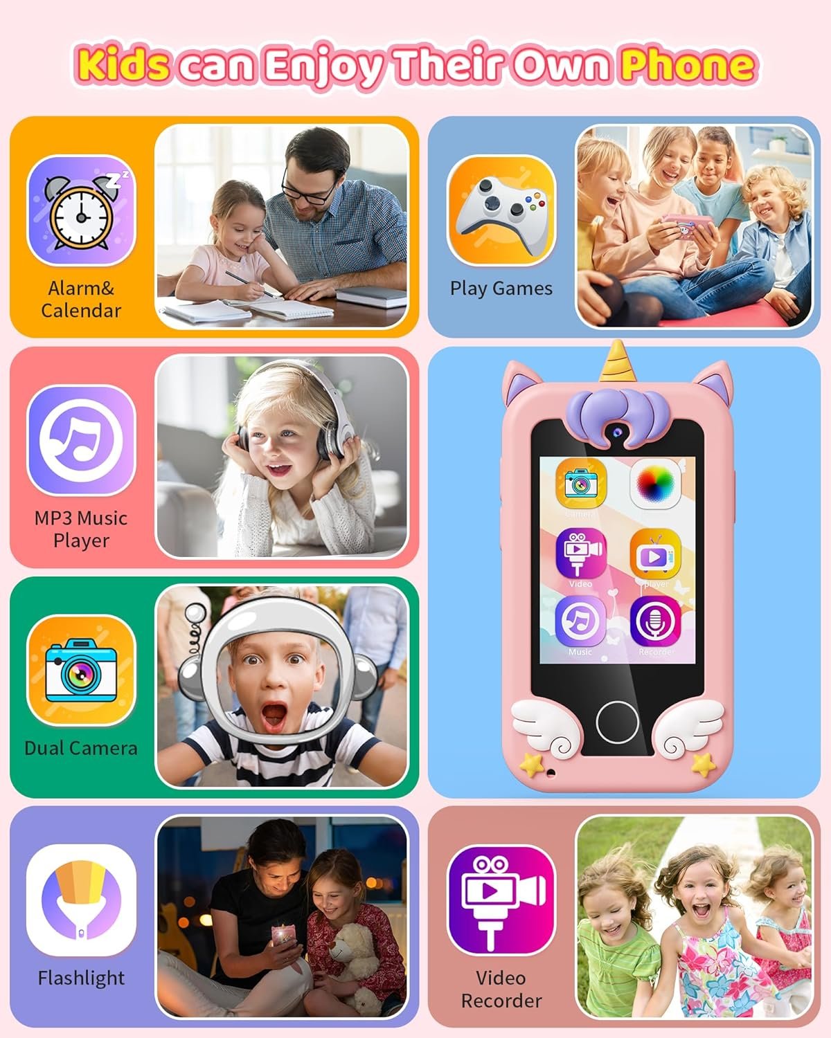 Kids Toy Smartphone, Gifts and Toys for Girls Boys Ages 3-8 Years Old, Fake Play Unicorn Toy Phone with Music Player Dual Camera Puzzle Games Touchscreen, Birthday, Kids Trip Activity