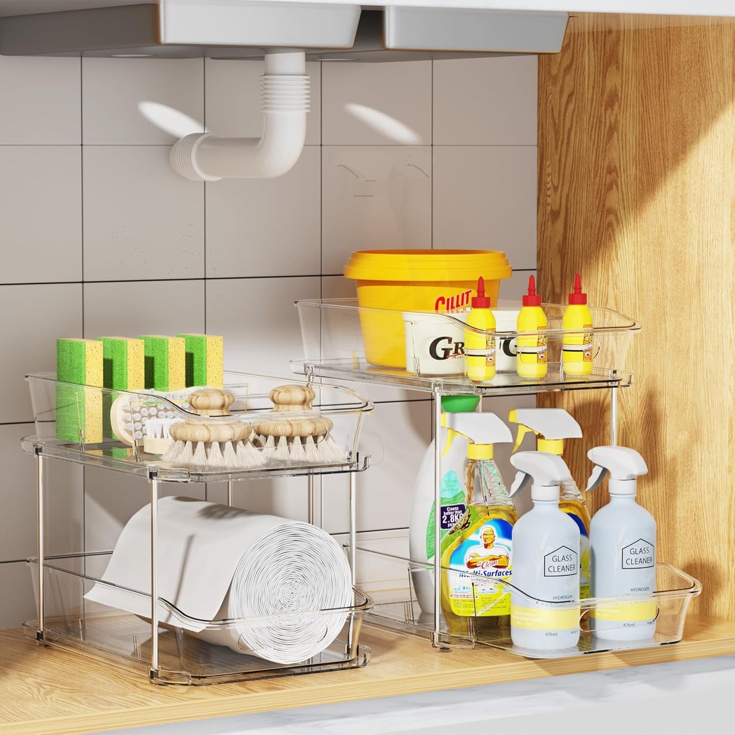Delamu 2 Sets of 2-Tier Clear Under Sink Organizers and Storage, Multi-Purpose Stackable Bathroom Cabinet organizers, Pull Out Kitchen Pantry Organization and Storage with Dividers